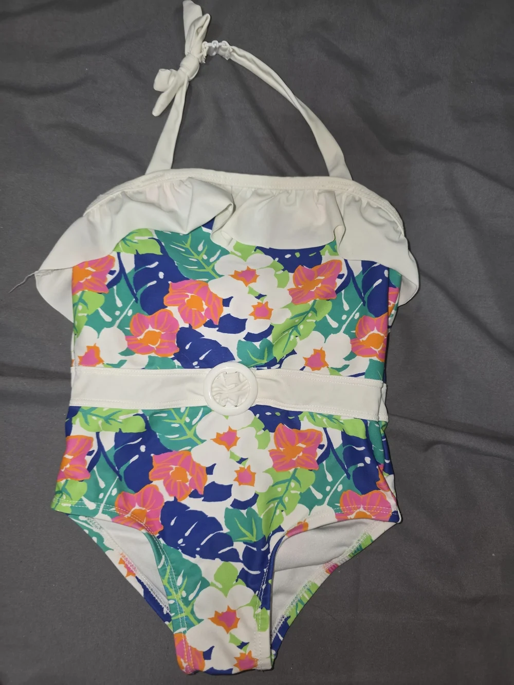 Janie and Jack White Floral Halter One-Piece Swimsuit with Belt Detail